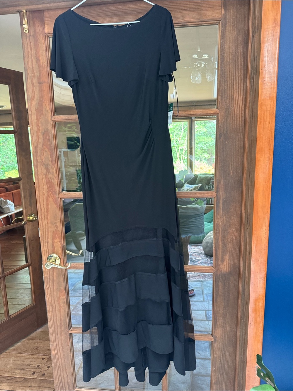 Ralph Lauren Black Formal Maxi Dress with Sheer Lined Striped Skirt
